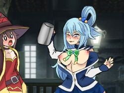 2girls aqua_(konosuba) blue_hair breasts female female_only kono_subarashii_sekai_ni_shukufuku_wo! megumin multiple_girls nipples patas_(artist) xd