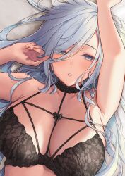 1girls bedroom_eyes blue_eyes blue_hair blush bra breasts cleavage female female_only genshin_impact huziko32 large_breasts lingerie looking_at_viewer milf shenhe_(genshin_impact)