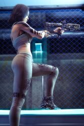 1girls 3d asian asian_female ass athletic athletic_female black_hair bubble_butt dani_nakamura female female_focus female_only francobel fully_clothed gun hourglass_figure karen_fukuhara long_hair skin_tight solo tattoo the_callisto_protocol wide_hips