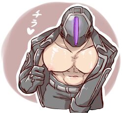 bare_chest big_pecs bondrewd flashing helmet leaning_forward looking_at_viewer made_in_abyss male male_only mask masked masked_male mochi_mori moobs open_jacket pecs solo