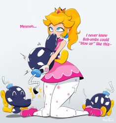 1girls 3boys anthro blonde_hair blue_eyes blush blushing bob-omb bomb cum_in_mouth cum_on_clothes english_text fellatio female female_focus female_lifting_male hyperflannel kiss_mark lifting lipstick lipstick_mark lipstick_on_balls lipstick_on_penis male mario_(series) multiple_boys princess princess_peach simple_background skirt small_but_hung tagme text waddling_head white_lipstick