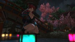 3d blue_eyes body_freckles bra cherry_blossoms exposing_breasts final_fantasy final_fantasy_xiv freckles gpose(ffxiv) japanese_clothes kimono lantern legs miqo'te night red_hair rosanne_leia_faerwing rosefaerwing