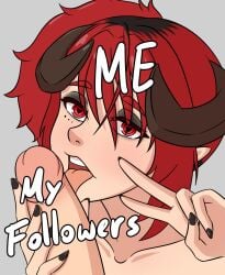 black_nails english_text female heart-shaped_pupils horns indie_virtual_youtuber licking_penis meme oral peace_sign penis pepper_wentz red_eyes red_hair unholyspicy virtual_youtuber