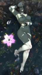 3d alexis_belladonna bathing_outside big_breasts brown_hair feet final_fantasy final_fantasy_xiv foot_fetish fully_nude gpose(ffxiv) green_skin laying_down laying_on_back muscles purple_eyes roegadyn rosefaerwing thick_thighs water