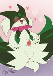 animal_genitalia animal_penis anthro anus ass blush feline_genitalia feline_penis generation_9_pokemon genitals green_body hi_res laugh makihaze male male_meowscarada meowscarada nintendo open_mouth penis pokemon pokemon_(species) pokemon_sv purple_eyes solo spread_legs spreading