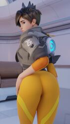 1girls 3d ass blender brown_hair female female_only greyarea55 jumpsuit looking_at_viewer overwatch overwatch_2 solo thighs tracer