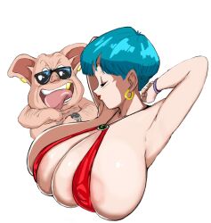 1animal 1girls bulma_briefs dragon_ball female huge_breasts male milf nipples_visible_through_clothing non_canon oolong red_bikini sling_bikini zetomeso