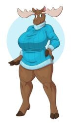 1girls 3_fingers anthro antlers big_breasts blue_eyes blue_sweater brown_fur commission female female_only fur furry furry_only hand_on_hip hi_res hooves horns looking_away moose moose_ears slightlysimian smile solo sweater sweater_only thick_thighs