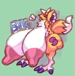 anthro areola ass bandai_namco big_breasts big_butt breasts canid canine digimon digimon_(species) dipstick_ears dipstick_tail english_text female fox hands_behind_head hi_res huge_breasts huge_nipples hyper hyper_breasts leg_markings long_nipples mammal markings multicolored_body multicolored_ears nipples nondelismell nude pink_areola pink_nipples renamon socks_(marking) solo tail tail_markings text thick_thighs two_tone_body