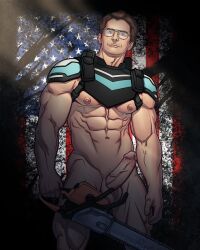 adrian_chase american_flag blitzturner boner chainsaw circumcised dc dc_extended_universe erect_penis erection freddie_stroma glasses hard_on male male_only muscles muscular muscular_male peacemaker_(tv_series) veiny_penis vigilante_(dc)