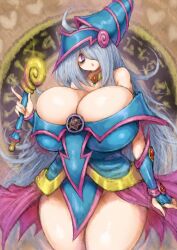 1girls 2b213 :o ahoge breasts cleavage cosplay dark_magician_girl_(cosplay) eye_bags female female_only gray_hair hair_over_one_eye huge_breasts large_breasts mei_(2b213) original_character purple_eyes solo standing thighs wand yu-gi-oh!