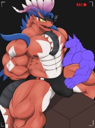 2022 abs anatake ancient_pokemon anthro anthro_only apex_build_koraidon barazoku biceps big_muscles big_pecs bulge canid canine clothed clothing digital_media_(artwork) dragon duo erection feathers generation_9_pokemon genitals hi_res koraidon legendary_pokemon male male_only mammal muscular muscular_anthro muscular_male muscular_thighs nintendo nipples paradox_pokemon partially_clothed pecs penis pokemon pokemon_(species) pokemon_sv quads red_body serratus simple_background sitting suprised_look thong tire tongue touching_penis triceps underwear