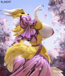 absurd_res anthro areola ass bandai_namco big_breasts blue_eyes breasts canid canine cherry_blossom cherry_blossom_tree cherry_tree curvy_figure digimon digimon_(species) dipstick_ears exposed_breasts female flower_petals fluffy fluffy_tail fox fruit_tree hi_res hourglass_figure huge_breasts looking_at_viewer looking_back mammal multicolored_ears neck_tuft nipples petals pink_areola pink_nipples plant renamon side_boob solo tail tree tuft wide_hips winter_nacht