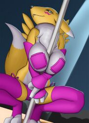 anthro bandai_namco between_breasts big_breasts breasts clothing creatiffy crouching dancing digimon digimon_(species) female fur hi_res legwear panties pasties pole pole_dancing renamon side-tie_panties solo thigh_highs underwear yellow_body yellow_fur