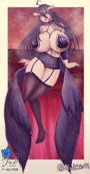 1girls 2023 ahoge albedo_(overlord) artist_logo artist_name artist_signature big_breasts black_feathers black_hair blindneko99 choker demon_horns feathered_wings female female_only full_body garter_straps hi_res horns lingerie long_hair looking_at_viewer nipple_pasties o-ring overlord_(maruyama) pasties pointy_ears sitting smiling smiling_at_viewer solo steam stockings straps succubus wings yellow_eyes