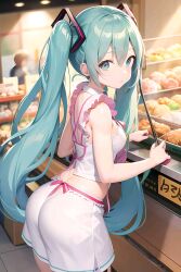 1girls 2d ai_generated ass bad_anatomy bad_hands bangs blue_eyes blue_hair color female female_only hatsune_miku light-skinned_female light_skin long_hair looking_at_viewer shirt shorts solo twintails vocaloid white_shirt white_shorts