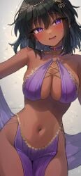 belly_dancer belly_dancer_outfit black_hair cleavage dark-skinned_female harem_girl harem_outfit idolmaster large_breasts loincloth medium_hair natalia_(idolmaster) purple_eyes sweat trente30m veil