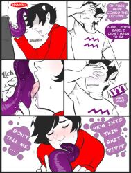 2boys blowjob blush blushing clothed comic cronus_ampora dialogue fins gay gay_blowjob holding_cigarette homestuck horns kankri_vantas ms_paint_adventures punpunichu tentabulge tentacle troll yaoi