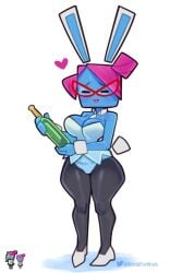 2d big_breasts blue-skinned_female blue_skin blush breasts bunny_ears bunny_tail bunnysuit champagne cleavage clothing floating floating_object glass_bottle glasses hair_bun mario_(series) nastasia nintendo paper_mario pink_hair somescrub super_paper_mario tie tight_clothing