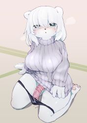 4_fingers :< ambiguous_penetration anthro bear big_breasts biped blush bodily_fluids breasts breath clothed clothing dildo female fingers genital_fluids green_eyes hair hair_over_eyes half-closed_eyes hi_res kemono kneeling looking_at_viewer mammal masturbation narrowed_eyes on_ground panties panties_down partially_clothed pawpads penetration pink_pawpads polar_bear pussy_juice sex_toy solo sweater tenyati topwear underwear underwear_down ursine