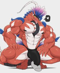 2023 abs anatake ancient_pokemon anthro anthro_only apex_build_koraidon barazoku biceps big_muscles big_pecs bulge clothed clothing digital_media_(artwork) dragon erection feathers generation_9_pokemon genitals heart hi_res koraidon legendary_pokemon male male_only mammal muscular muscular_anthro muscular_male muscular_thighs nintendo nipples paradox_pokemon partially_clothed pecs penis pokemon pokemon_(species) pokemon_sv quads red_body serratus simple_background sitting solo suprised_look thong tire tongue touching_penis triceps underwear vein veiny_muscles