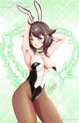 1girls 2023 arms_behind_head brown_eyes brown_hair bunny_ears bunnysuit english_text green_eyes heterochromia indie_virtual_youtuber latam_virtual_youtuber light-skinned_female light_skin looking_at_viewer meica nameless_monkey solo solo_female solo_focus text thighs virtual_youtuber vtuber vtuberfanart