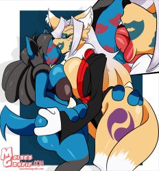 absurd_res anthro asian_clothing ass bandai_namco biped black_hair blu_fur bra breast_squish breasts butt_grab cancer_(symbol) canid canine chest_tuft clothing crossover death_battle digimon digimon_(species) duo ear_tuft east_asian_clothing facial_markings female female/female fox french_kissing fur generation_4_pokemon hair hand_on_butt head_markings hi_res japanese_clothing kimono kiss_mark kissing lucario mammal markings mask_(marking) moisesgrafic nintendo pokemon pokemon_(species) renamon squish tail text tongue tuft underwear url white_body white_fur white_hair yellow_body yellow_fur