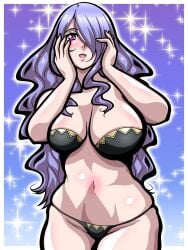 1girls black_panties bra breasts camilla_(fire_emblem) female female_only fire_emblem fire_emblem_fates hair_over_one_eye happy inabakun00 large_breasts long_hair medium_breasts nintendo open_mouth panties pink_eyes purple_hair size_difference smile solo sparkles underwear very_long_hair