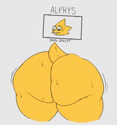 alphys anal_only anal_request anthro ass big_butt blush blush_lines bodily_fluids buckteeth butt_shot dripping english_text eyelashes eyewear female glasses grey_background name_drop nervous photo presenting presenting_hindquarters public_use reptile roccorox scalie shaking short_tail sign simple_background solo sweat sweaty_butt tail teeth text thick_thighs through_wall trembling undertale undertale_(series) wide_hips