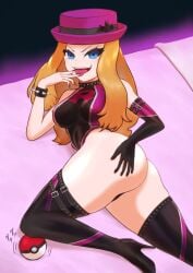 ass corruption dark_persona enemy_conversion female female_only hat high_heel_boots high_heels leotard pokemon serena_(pokemon) smile team_rocket thigh_boots tongue_out yamimochi