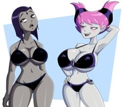 2d 2girls alternate_breast_size arm_up armpits arms_at_sides bare_arms bare_legs belly belly_button big_breasts bikini bikini_bottom bikini_top blue_background blush_stickers breast_size_difference breasts busty cleavage clothed clothed_female clothes clothing color colored dc dc_comics deep_cleavage eye_roll eyeliner feet_out_of_frame female female_focus female_only forehead_jewel front_view grey-skinned_female grey_body grey_skin hair hair_accessory hair_up half-closed_eyes hand_behind_head hand_on_hip hips huge_breasts humanoid innie_belly_button jinx_(dc) large_breasts legs legs_apart light-skinned_female light_skin lips looking_at_partner looking_away medium_hair mouth_open multiple_girls navel o-ring o-ring_bikini one_arm_up open_mouth pale-skinned_female pale_skin pink_eyes pink_hair plain_background pose posing presenting presenting_breasts purple_eyes purple_hair rachel_roth raven_(dc) ravenravenraven rolling_eyes showing_breasts showing_off simple_background smile smiling smiling_at_partner smug smug_face smug_grin source_request standing stomach straight_hair teen_titans teeth thighs thin_waist tongue twintails unamused underboob white_background wide_hips