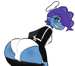 1futa alternate_breast_size artist_request back back_view balls bent_over big_ass blue_hair blue_skin blush breasts bulge clothed clothing edit futa_only futanari grin hair_over_one_eye humanoid looking_back medium_breasts mostly_clothed panties pants_down penis pizza_tower pizzasona shan_(pizza_tower) short_hair solo source_request standing underwear