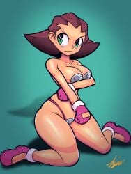 1girls big_breasts bikini blush brown_hair gloves mega_man mega_man_legends skimpy skimpy_bikini thick_thighs tron_bonne wide_hips zframe