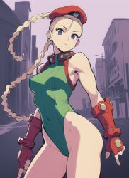 1girls 2023 blonde_hair cammy_white digital_media_(artwork) female female_only fully_clothed gohika leotard lowres military military_hat solo street_fighter tagme