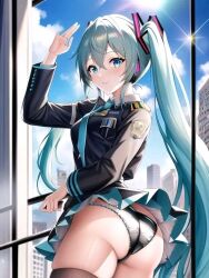 1girls 2d ai_generated ass bad_hands bangs black_panties black_shirt black_skirt blue_hair blue_necktie blush clouds collared_shirt color female female_only hair hatsune_miku light-skinned_female light_skin long_hair long_sleeves necktie panties pleated_skirt shirt skirt sky smile solo thighhighs twintails vocaloid