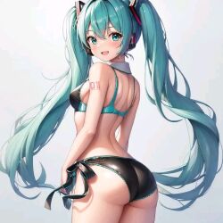 2d ai_generated arm_tattoo ass bangs big_breasts black_panties blue_background blue_eyes blue_hair blush bow_panties bra breasts clothed color detached_collar eyebrows_visible_through_hair female female_only gradient_background hatsune_miku headset light-skinned_female light_skin long_hair looking_at_viewer multicolored_bra multicolored_clothes open_mouth panties solo tattoo teeth twintails vocaloid