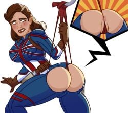 1girls anus anus_behind_thong ass blush brown_hair captain_carter disney+ female female_only human human_only light-skinned_female light_skin looking_back marvel marvel_cinematic_universe panties pawg peggy_carter semidraws solo thong_over_anus transparent_background underwear wedgie what_if...?