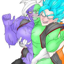 2boys blue_hair blush dragon_ball dragon_ball_super dragon_ball_z earrings fused_zamasu groping groping_pecs isaacclarex1 male male_only muscular muscular_male pecs slime super_saiyan super_saiyan_blue super_saiyan_rose tongue_out vegito white_hair yaoi zamasu