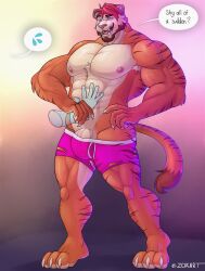 5_fingers abs anthro areola bulge claws clothing countershade_fur countershade_torso countershading dipstick_tail disembodied_hand duo english_text fangs felid fingers fur gay gay_male genitals hi_res male mammal markings muscular muscular_anthro muscular_male nipples open_mouth open_smile orange_body orange_fur pantherine pecs penis pink_clothing pink_underwear smile striped_body striped_fur stripes tail tail_markings teeth text tiger torn_clothing torn_underwear underwear vein veiny_penis yaoi zcik