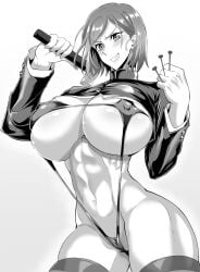 1girls abs big_ass big_breasts big_butt black_and_white blush deep_skin female female_focus female_only hammer holding_hammer holding_object huge_breasts jacket jacket_lift jet_puri jujutsu_kaisen kugisaki_nobara large_ass large_breasts large_butt massive_breasts muscular muscular_female nails nipple_bulge nipples short_hair shrug_(clothing) skindentation sling_bikini small_waist smiling solo solo_female solo_focus thick_thighs thigh_highs thighhighs top_heavy white_background wide_hips