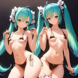 2d 2girls ahoge ai_generated bad_anatomy bad_hands bangs bikini black_background black_bikini blue_eyes blue_hair color female female_only hair_ornament hatsune_miku light-skinned_female light_skin long_hair medium_breasts navel simple_background swimsuit twintails vocaloid