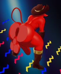 anthro anus ass balls boots clothing cowboy demon footwear genitals gloves grape_shifter gremile_'hotshot' handwear hi_res imp kings_of_hell male mature_anthro mature_male penis pressed_against red_body solo tail