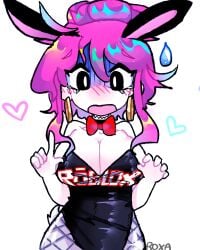 1girls breasts bunny_ears bunnysuit female fishnets guest_(roblox) heart purple_hair roblox robloxian roxapox source_request tagme text_on_clothing