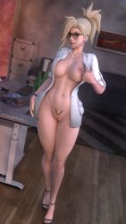 2023 3d angela_ziegler big_breasts blizzard_entertainment blonde_hair blue_eyes coat coat_only doctor dr._ziegler female glasses high_heels lab_coat looking_at_viewer mercy office overwatch ponytail pulling_clothing standing tattoo thick_thighs zentaeron