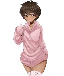 ai_generated anime_dork_boyfriend_meme brown_eyes brown_hair choker dark-skinned_male femboy pink_sweater pink_thighhighs