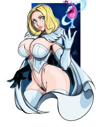 blonde_hair breasts corset curvy curvy_female emma_frost female female_only hellfire_club hourglass_figure huge_breasts marvel marvel_comics onelousycat panties pubic_hair pussy see-through see-through_panties thick_thighs thin_waist vagina white_queen wide_hips wine wine_glass x-men