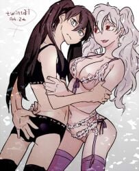 2girls alternate_costume big_breasts black_hair blue_eyes cleavage embarrassed female female_only frills garter_belt garter_straps genderswap_(mtf) gintama gintoki_sakata hijikata_toshiro lace-trimmed_bra lace-trimmed_panties lingerie long_hair looking_at_viewer looking_back n_n red_eyes rule_63 side-tie_panties sports_bra thighhighs twintails underwear wavy_hair white_hair yuri