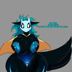 cape color_background corvo_(crowplexus) crow dark_blue_body dialogue huge_breasts huge_thighs long_tail mask masked_female shiny_pussy turquoise_hair visible_nipples visible_pussy