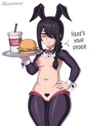 1girls aged_up black_hair braided_hair braided_ponytail breasts bunny_ears bunny_girl burger chainsaw_man english english_text luckyshazo nayuta_(chainsaw_man) nipples pear-shaped_figure pear_shaped pussy reverse_bunnysuit soda solo standing text young