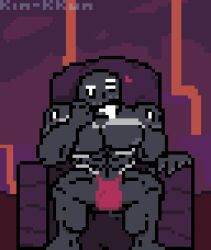 abs absurd_res bara barazoku biceps bulge flirting gay glowing_eyes glowing_tongue grey_body heart hell hi_res kin-kkun male male_only minecraft muscles muscular muscular_male nether pecs pectorals penis_bulge pixel_art ribs sitting_on_throne skeleton skull thong tongue tongue_out underwear wink winking_at_viewer wither_(minecraft)